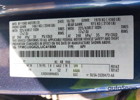 2020 Ford Escape Se из США, поврежденный, VIN 1FMCU0G62LUC41899